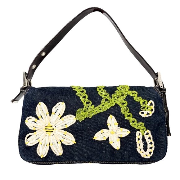FENDI Vintage FF Logo Mamma Baguette Denim Shoulder Bag Flower Blue [106339] - Picture 6 of 12